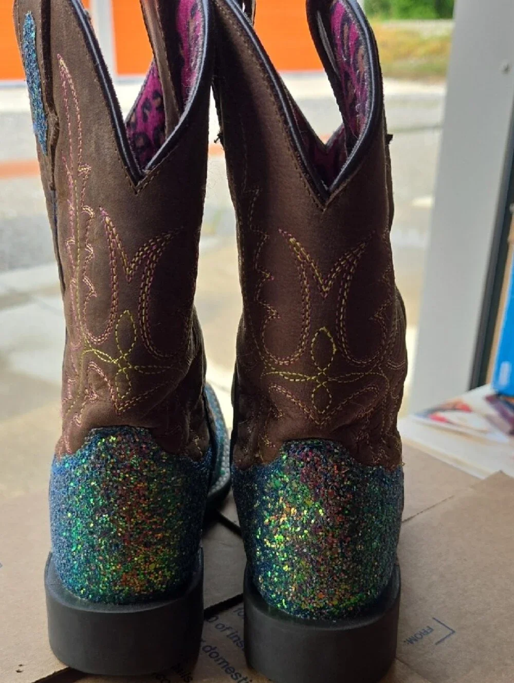 Super Cute,Kids Brown & Blue Glitter Smoky Mountain Western Boots